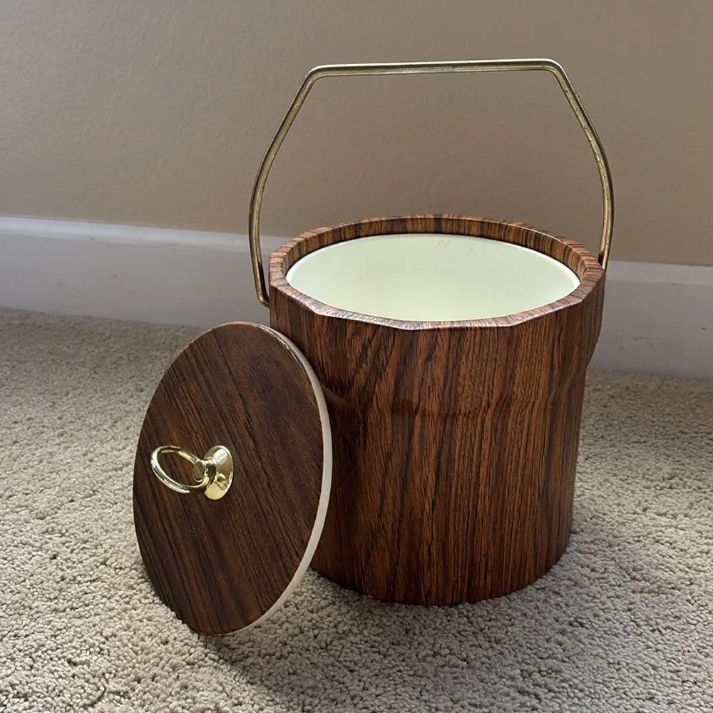 Vintage Mid Century‎ Modern Ice Bucket Faux Wood Grain MCM